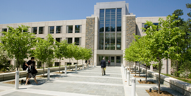 Breeden Hall exterior views of Science Drive entrance Fuqua School of Business